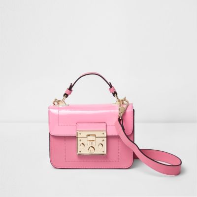 Pink lock front mini satchel cross body bag
